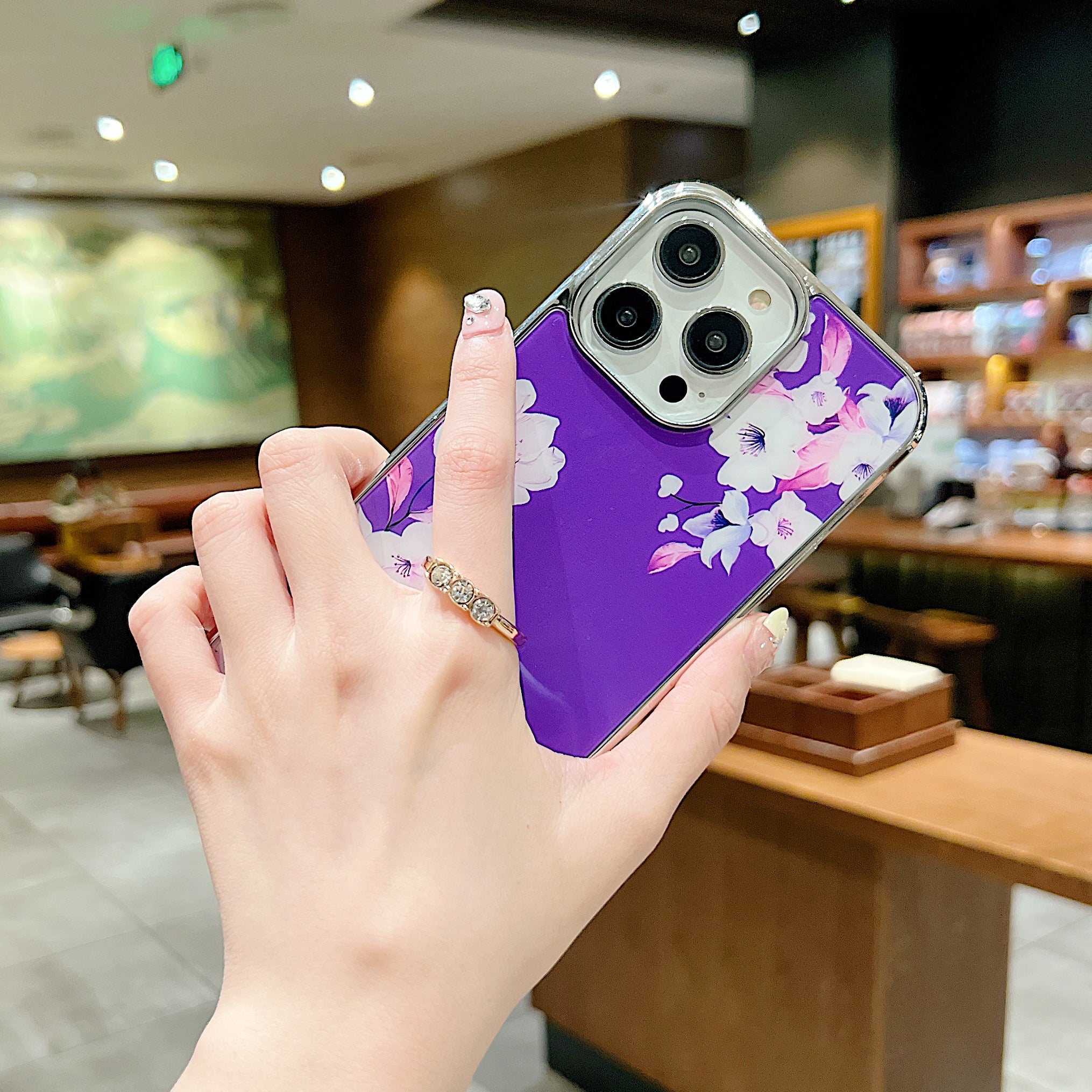 Uniqkart for iPhone 14 Pro Ring Kickstand Anti-fall Phone Case IMD Flower Pattern Electroplating PC+TPU Cover - Style F Uniqkart for iPhone 14 Pro Ring Kickstand Anti-fall Phone Case IMD Flower Pattern Electroplating PC+TPU Cover - Style F